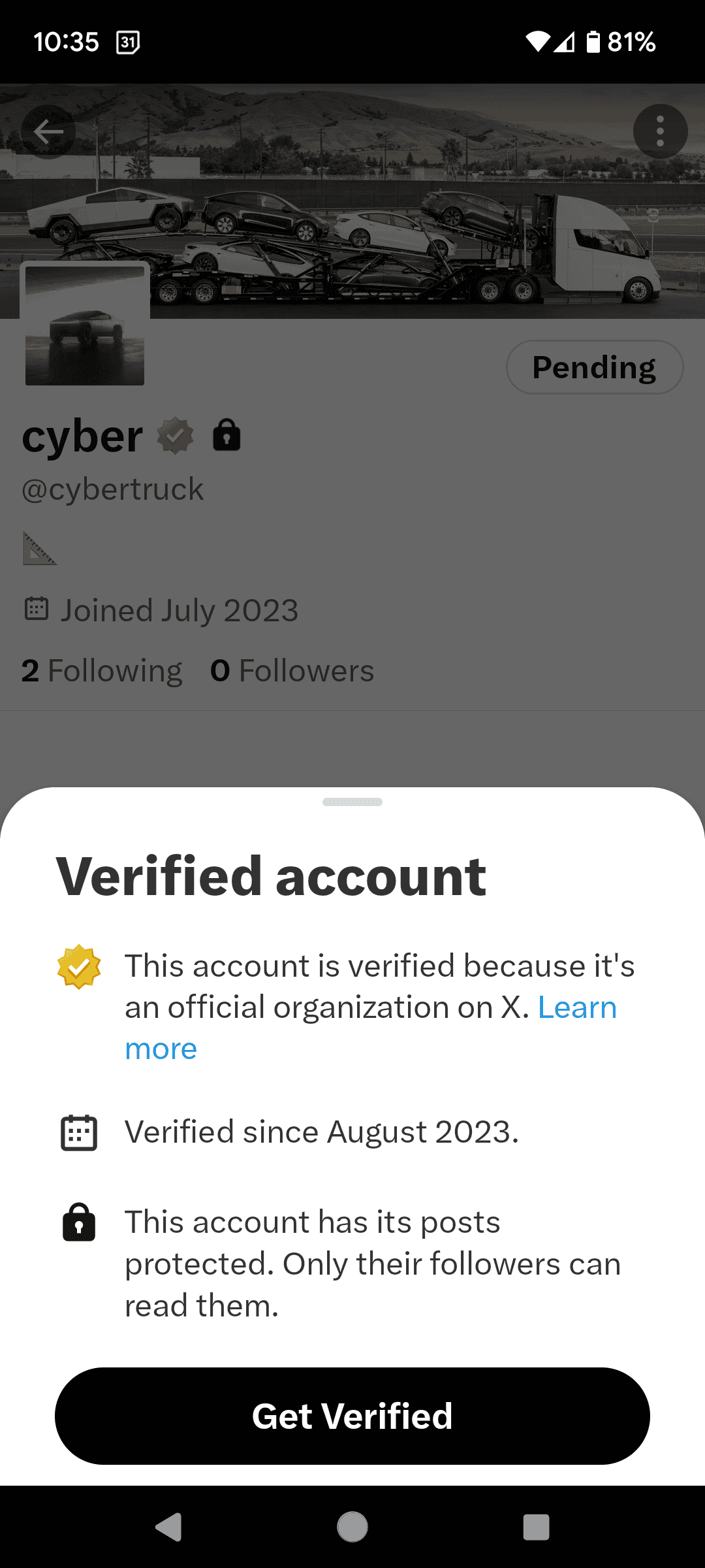 Tesla Cybertruck Official Cybertruck X (Twitter) Account has been created (in July 2023) Screenshot_20230922-103518