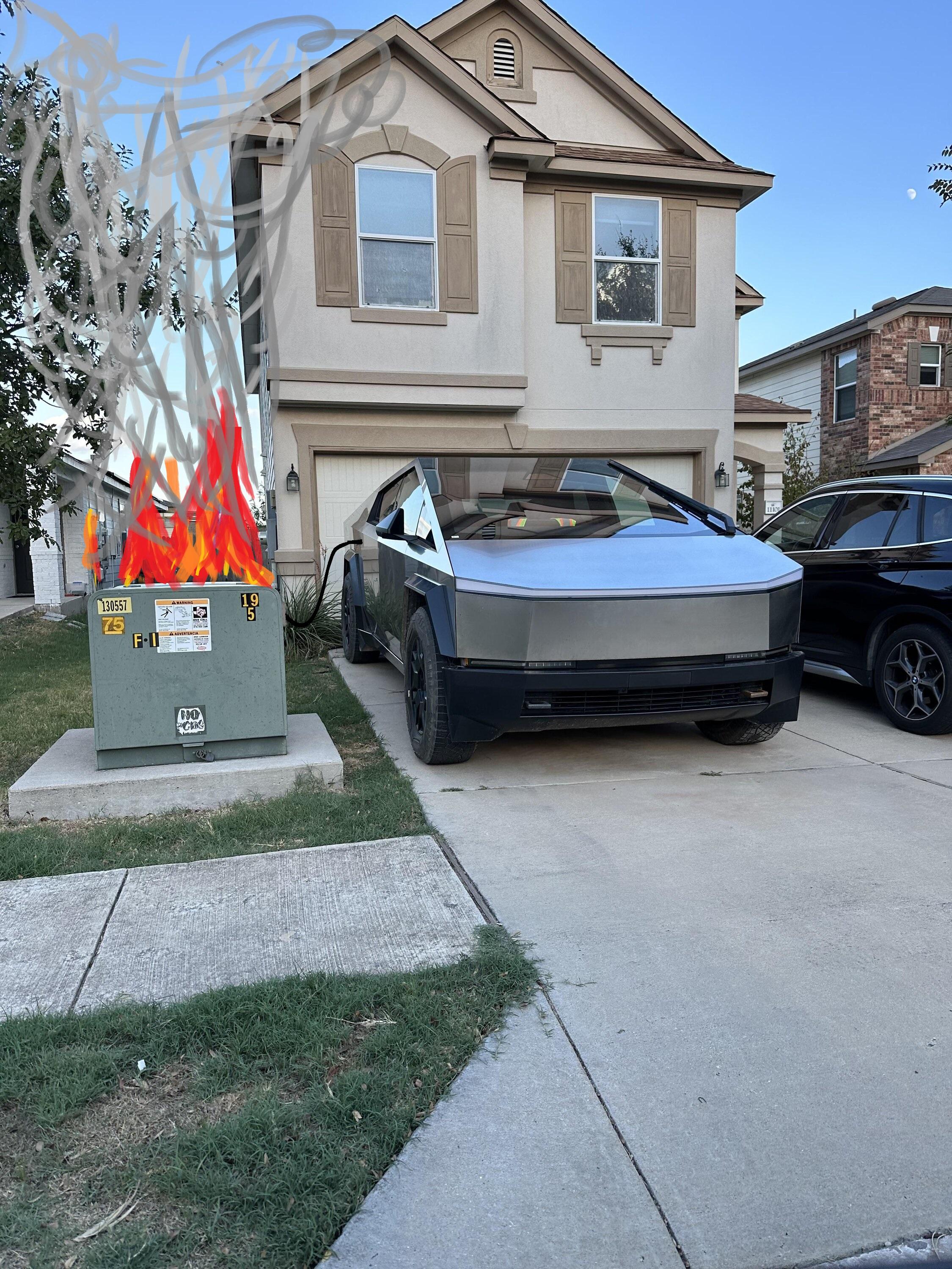 Tesla Cybertruck Cybertruck parked in (test driver's?) house driveway and showing excellent fit & finish cybertruck driveway