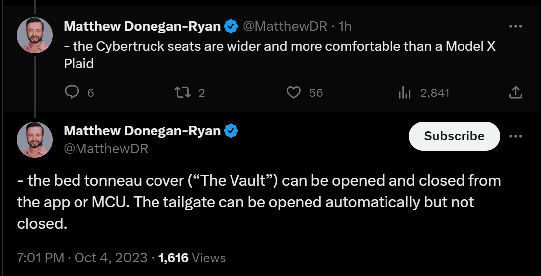 Tesla Cybertruck Rumor: Person who test drove Cybertruck confirms 240V, powered frunk, and more Screenshot 2023-10-04 195125
