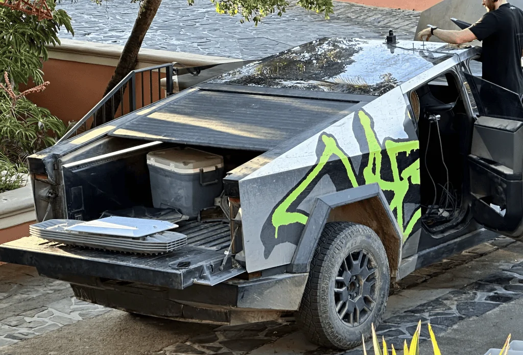Tesla Cybertruck Motherlode of Cybertrucks pics from Mexico hotel -- frunkgating, offroad gear, bed & interior peek! Screen-Shot-2023-10-09-at-10.33.21-AM-1024x695