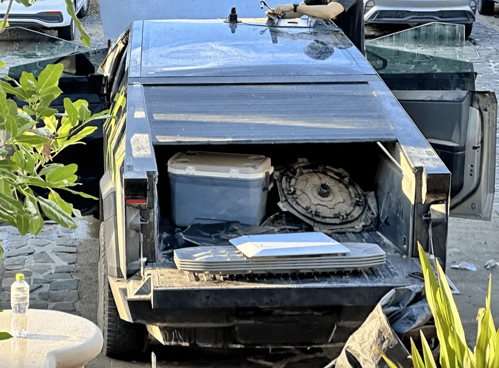 Tesla Cybertruck Motherlode of Cybertrucks pics from Mexico hotel -- frunkgating, offroad gear, bed & interior peek! Screen-Shot-2023-10-09-at-10.35.42-AM-1024x757