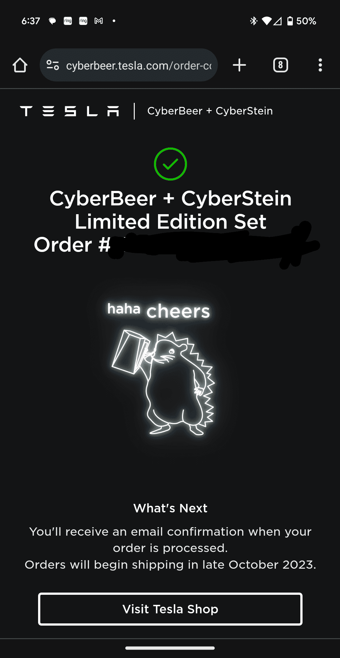 Tesla Cybertruck CyberBeer + CyberStein + CyberOpener hits Tesla Shop!  🛒 🛍️ Screenshot_20231012-183729