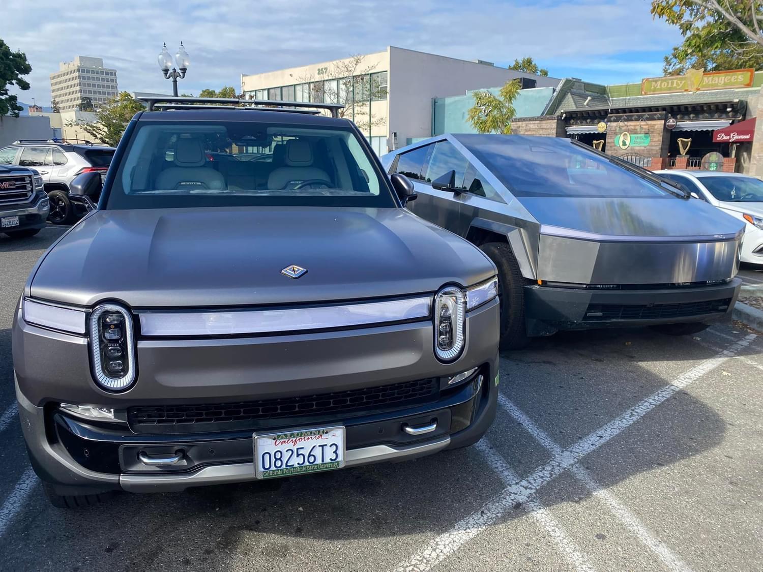 Tesla Cybertruck Cybertruck vs Rivian R1T size and design comparison -- parked next to each other IMG_7284