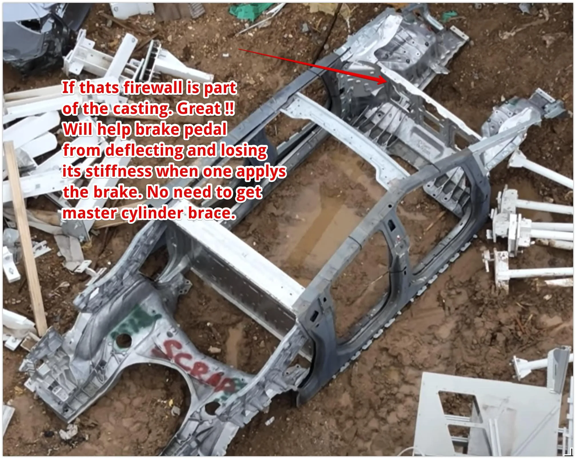 Tesla Cybertruck Cybertruck frame in scrap yard shows no midgate and other details No brace 