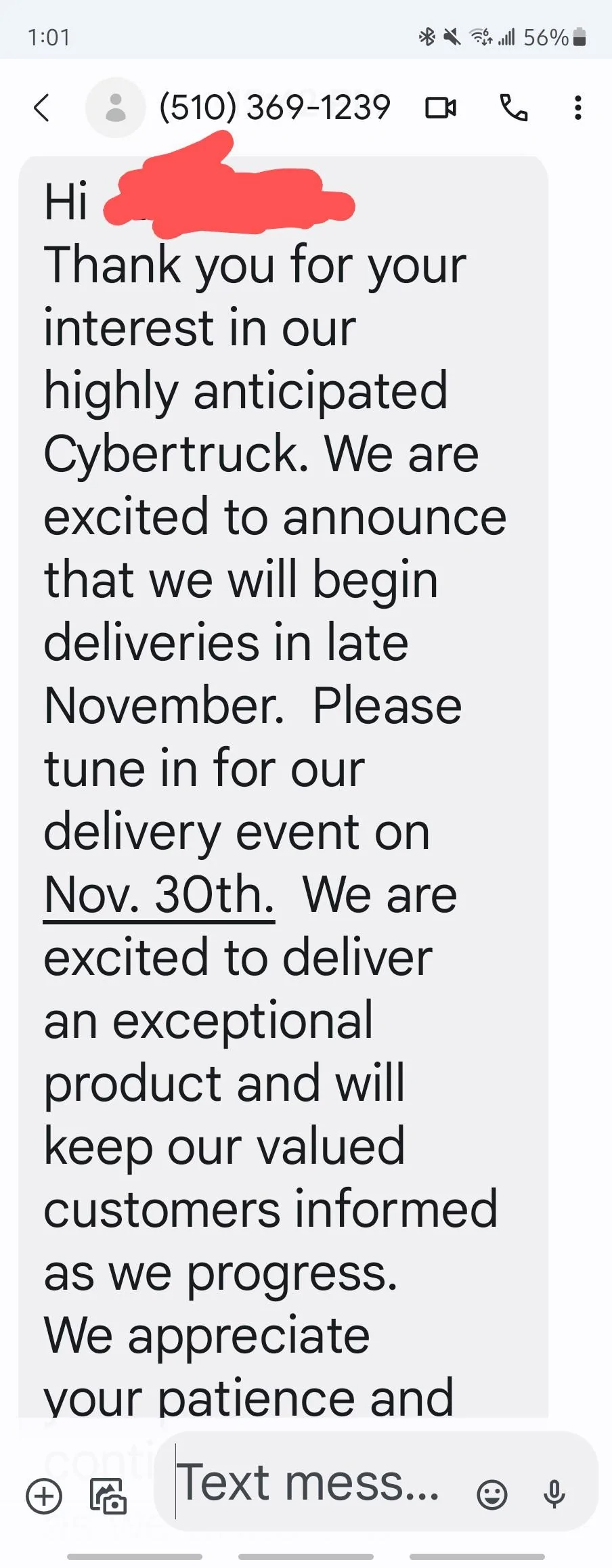 Tesla Cybertruck Message from Tesla on Cybertruck production: tune into delivery event on November 30 Screenshot_20231027_130159_Messages~2
