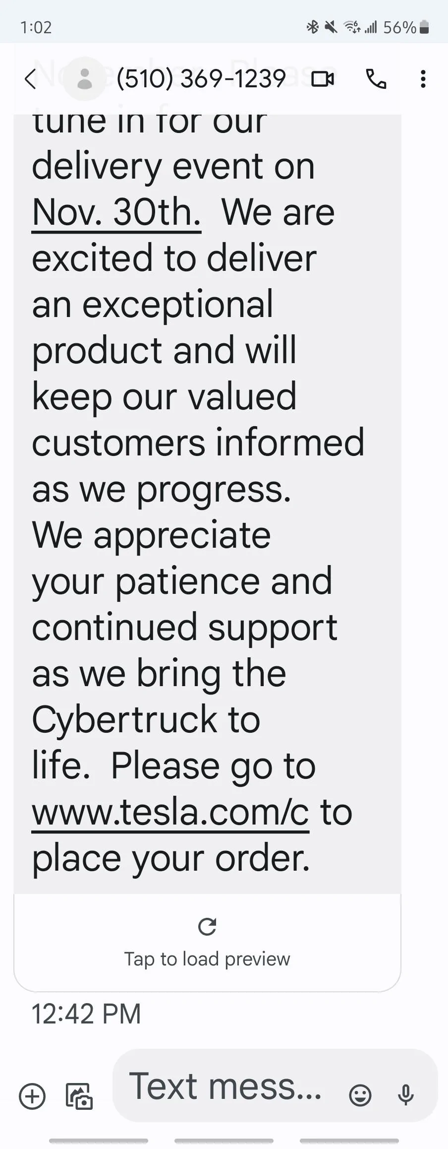 Tesla Cybertruck Message from Tesla on Cybertruck production: tune into delivery event on November 30 Screenshot_20231027_130204_Messages