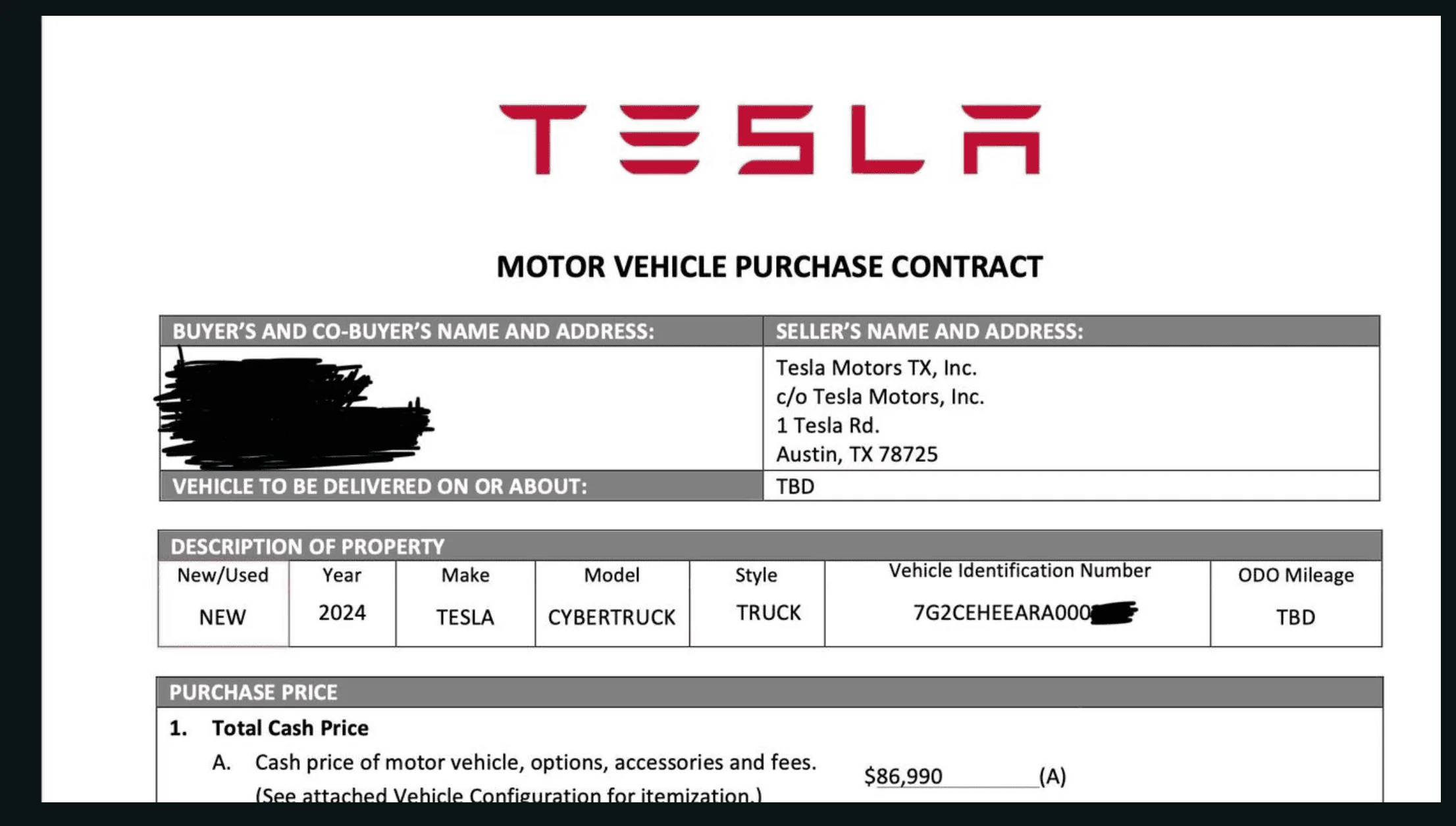 Tesla Cybertruck Reddit post show someone just posting a contract copy and price for Tri- Motor Screenshot 2023-10-29 at 22.03.19