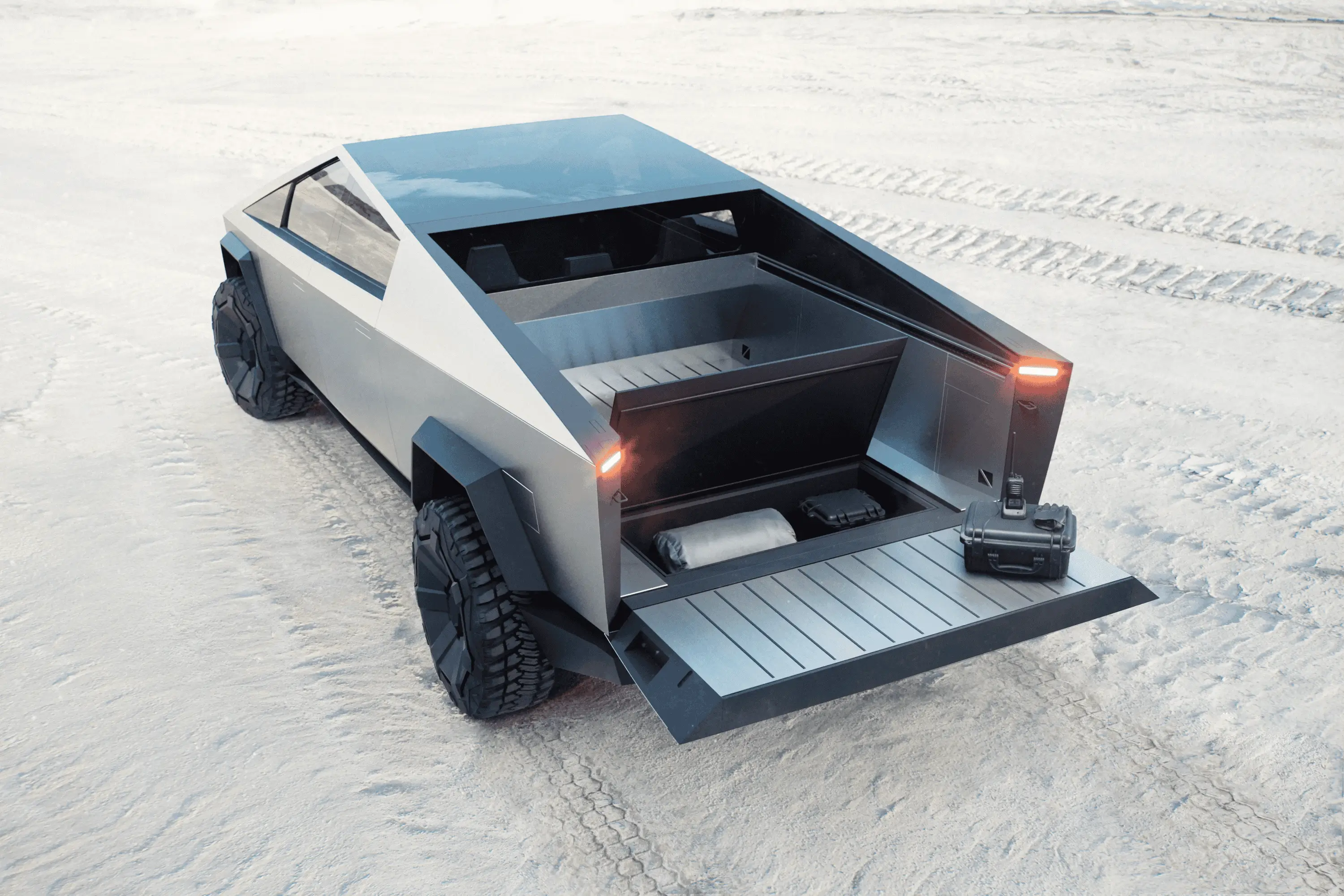 Tesla Cybertruck Cybertruck bed fully exposed w/ look at storage compartment cubby and LED lighting 1698961692950