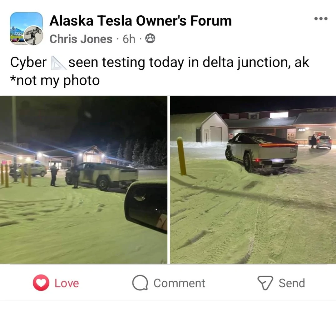 Tesla Cybertruck New sighting in Alaska - Release Candidate cybertruck. Screenshot_20231108-044532_Facebook