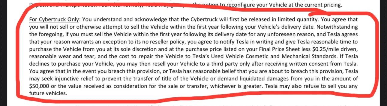 Tesla Cybertruck Cybertruck NO RESALE Restriction (1 Year) Spotted in Purchase Agreement Language 1699750895618