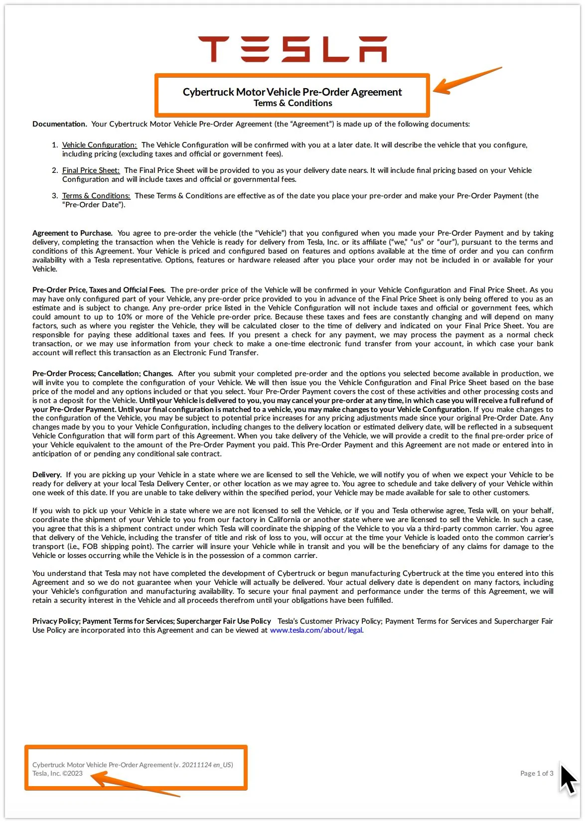 Tesla Cybertruck Cybertruck NO RESALE Restriction (1 Year) Spotted in Purchase Agreement Language Cybertruck Motor Vehicle Pre-Order Agreement - Tesla, Inc. 2023-11-13 08-50-56