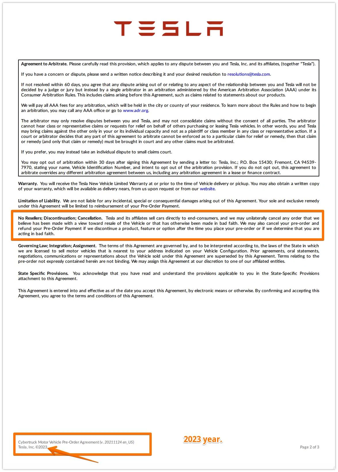 Tesla Cybertruck Cybertruck NO RESALE Restriction (1 Year) Spotted in Purchase Agreement Language Cybertruck Motor Vehicle Pre-Order Agreement - Tesla, 2023