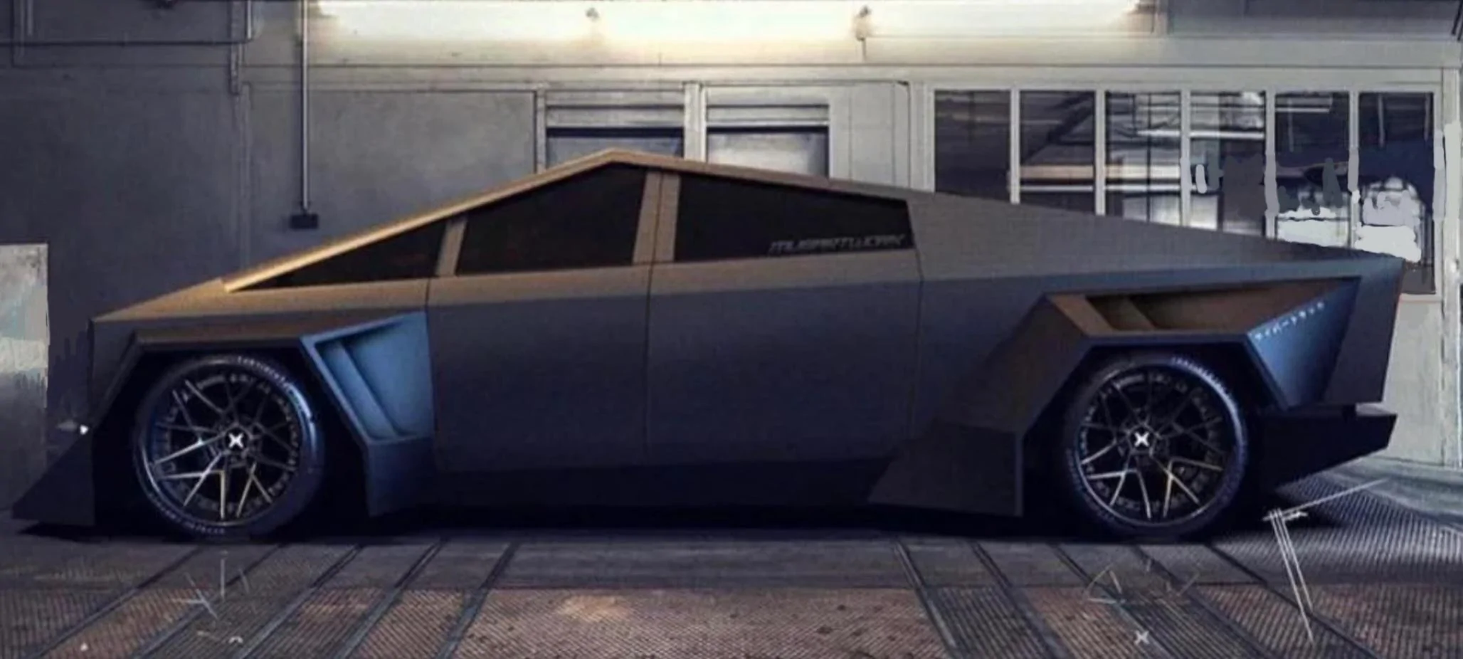 Tesla Cybertruck First inside perspective garage pic: Cybertruck parked w/ bed lighting on and bike in bed 20230913_170524