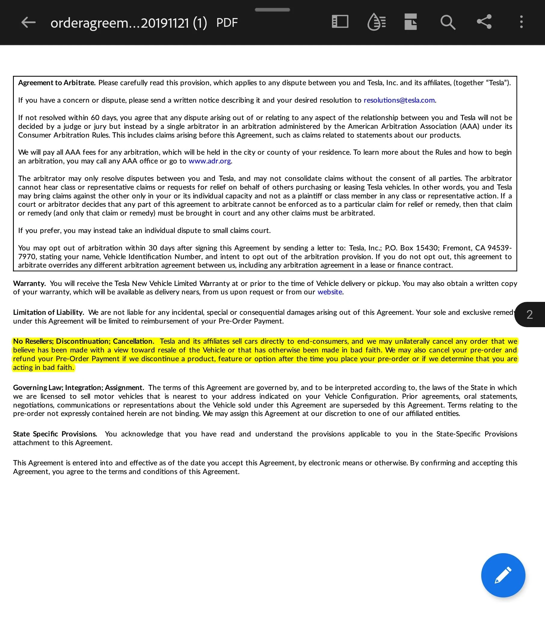 Tesla Cybertruck ⛔️ NO RESALE language REMOVED for Cybertruck sales agreement! ✏️ 📄 Screenshot_20231114_132405_Adobe Acrobat