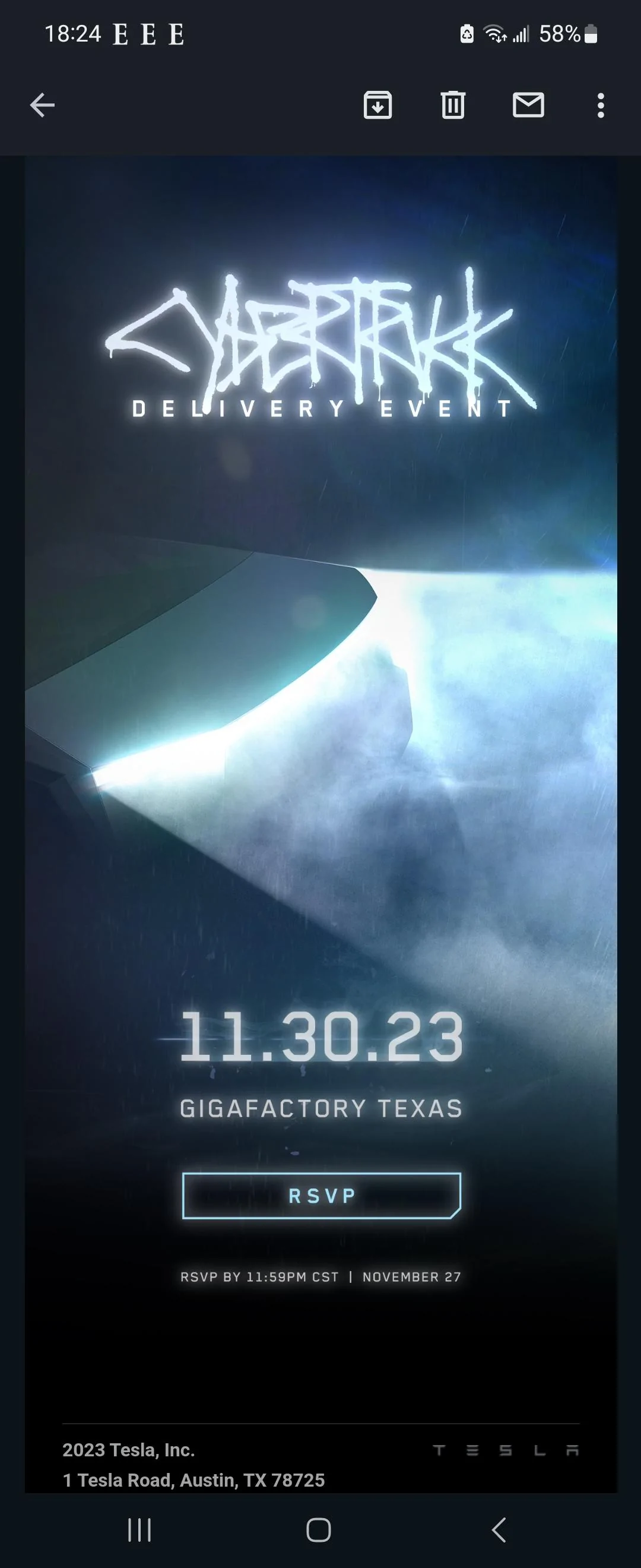 Tesla Cybertruck BREAKING: Invites to Cybertruck delivery event sent out today Nov 14, 2023! 📬 Cyber Truck Delivery Event