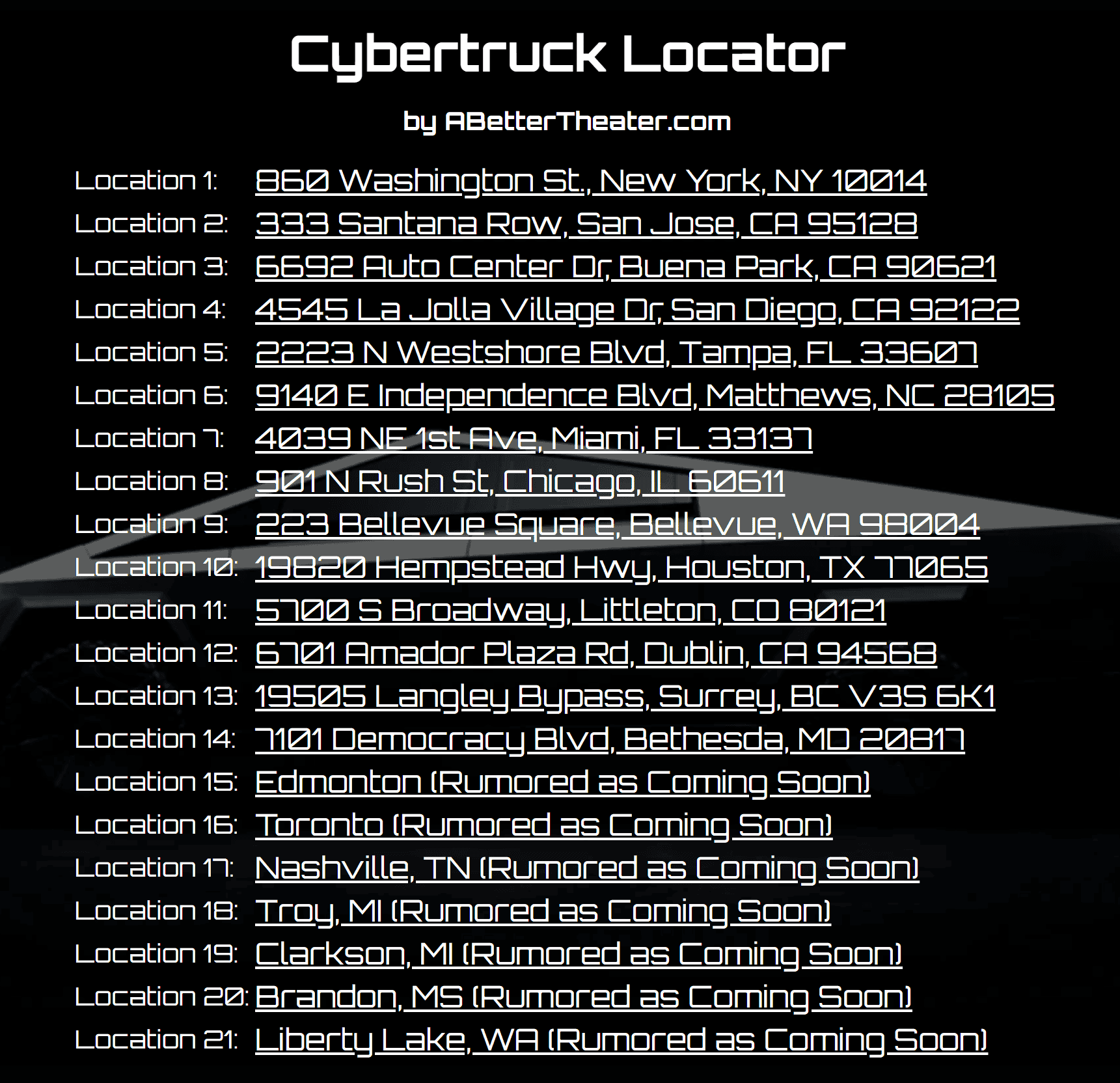 Tesla Cybertruck Cybertruck showroom locations tracker (abettertheater.com) 1700979682612