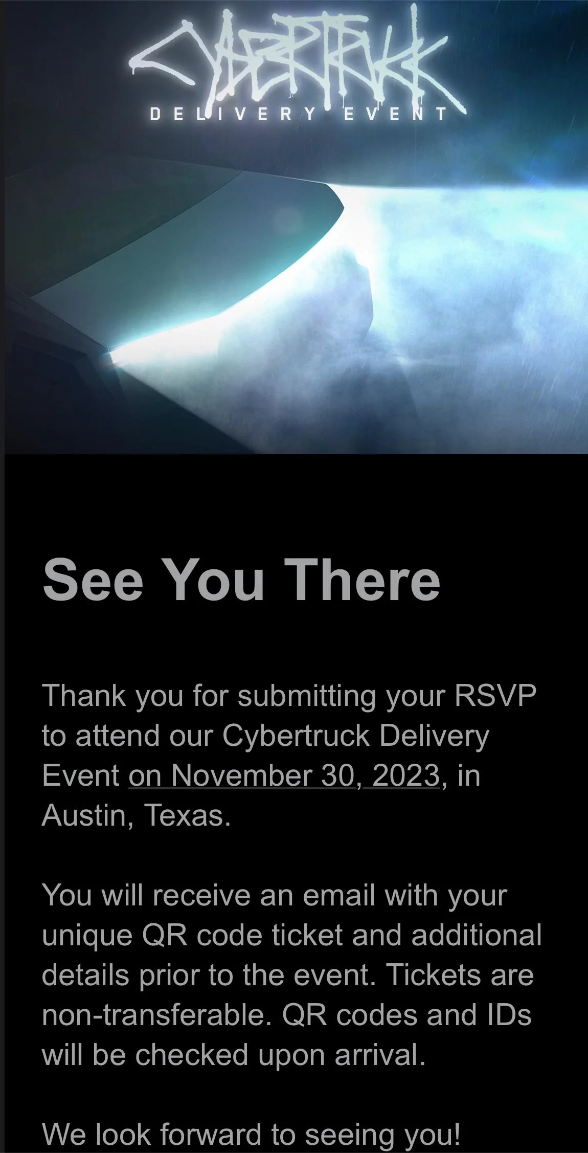 Tesla Cybertruck BREAKING: Invites to Cybertruck delivery event sent out today Nov 14, 2023! 📬 IMG_4378