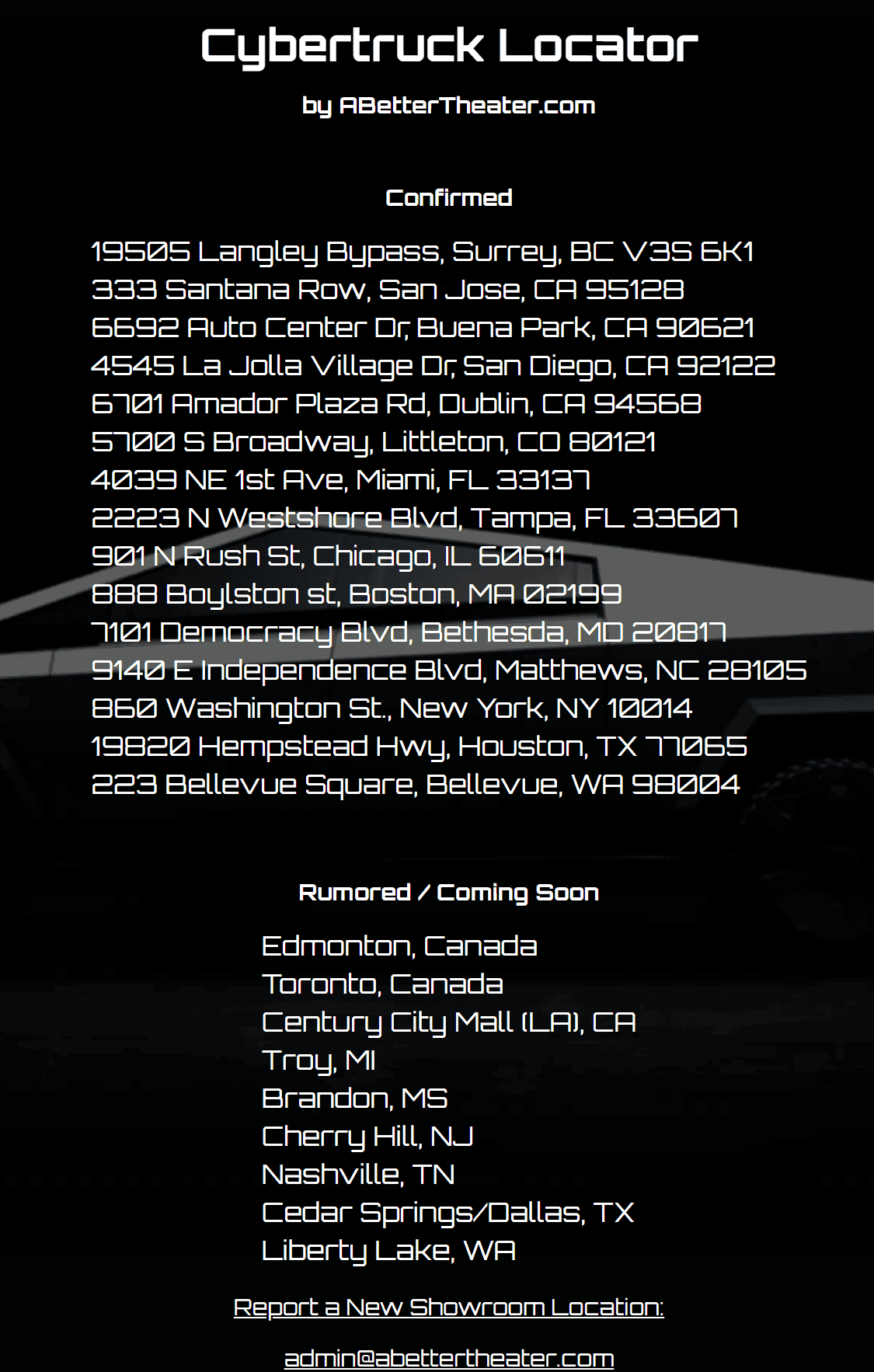Tesla Cybertruck Cybertruck showroom locations tracker (abettertheater.com) Screenshot 2023-11-26 214028