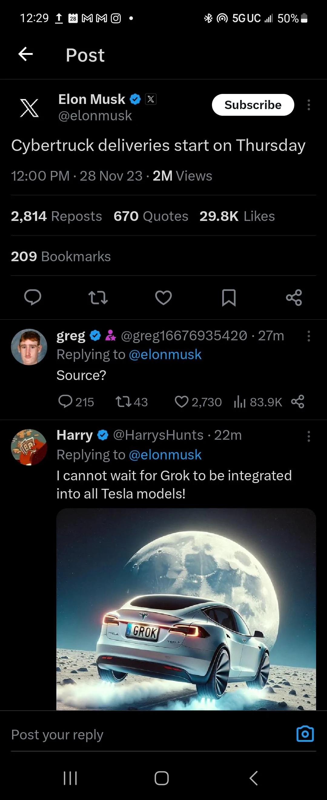 Tesla Cybertruck Rumor: reservation numbers starting with "112" will be delivered relatively quickly. Screenshot_20231128_122940_X