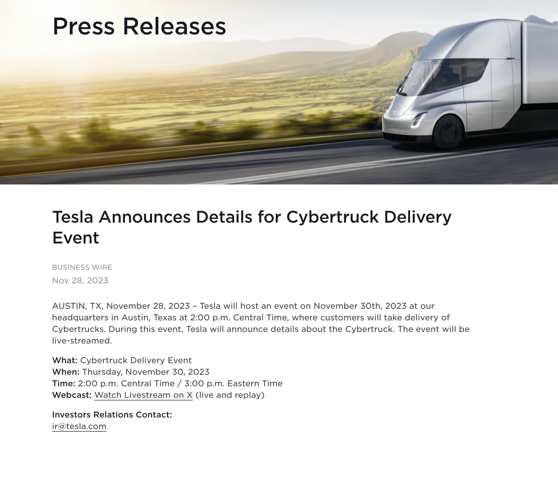 Tesla Cybertruck Tesla Announces Details for Cybertruck Delivery Event Screenshot 2023-11-28 at 17-21-36 Tesla Announces Details for Cybertruck Delivery Event Tesla
