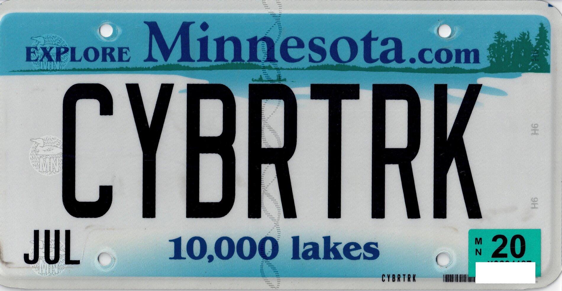 Tesla Cybertruck Custom license plate / vanity plate name for your Cybertruck? CYBRTRK license plate Normal MN A4 cropped 50%