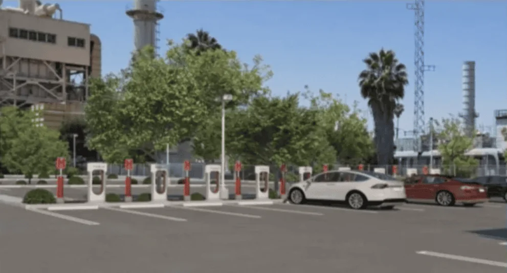 Tesla Cybertruck Cybertrucks Will Have Larger Parking Spots at Tesla Superchargers tesla-pasadena-charging-render-991x533
