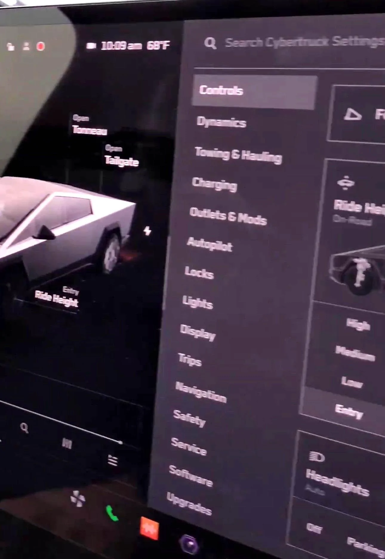 Tesla Cybertruck Cybertruck Menu Controls (Dynamics, Towing & Hauling, and Outlets & Mods) seen in video cybertruck menu ui display controls