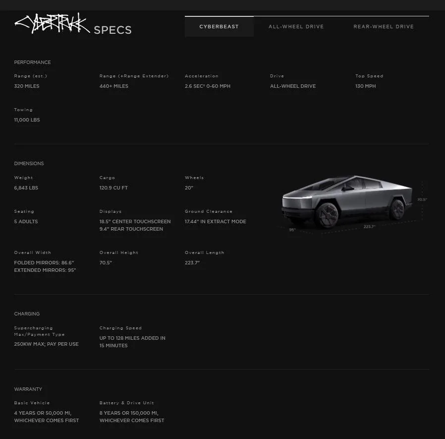Tesla Cybertruck Tesla Cyber Truck web Site prices, options, models wow CyberBeast Specs