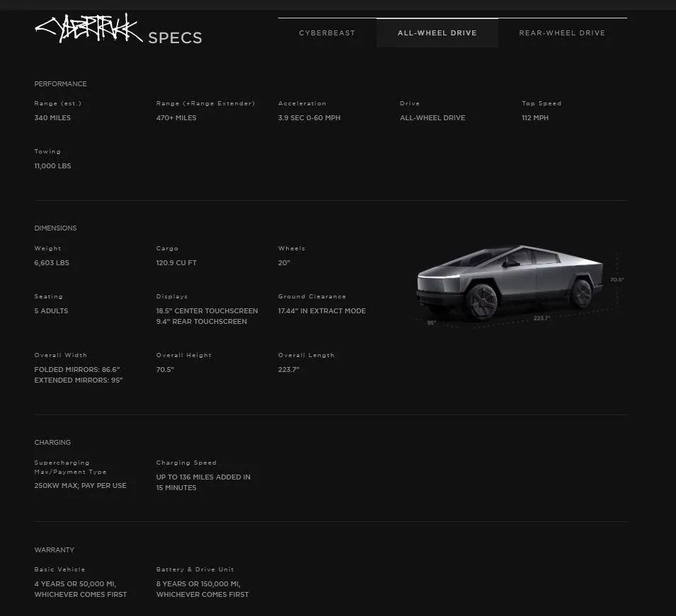Tesla Cybertruck Tesla Cyber Truck web Site prices, options, models wow AWD Specs