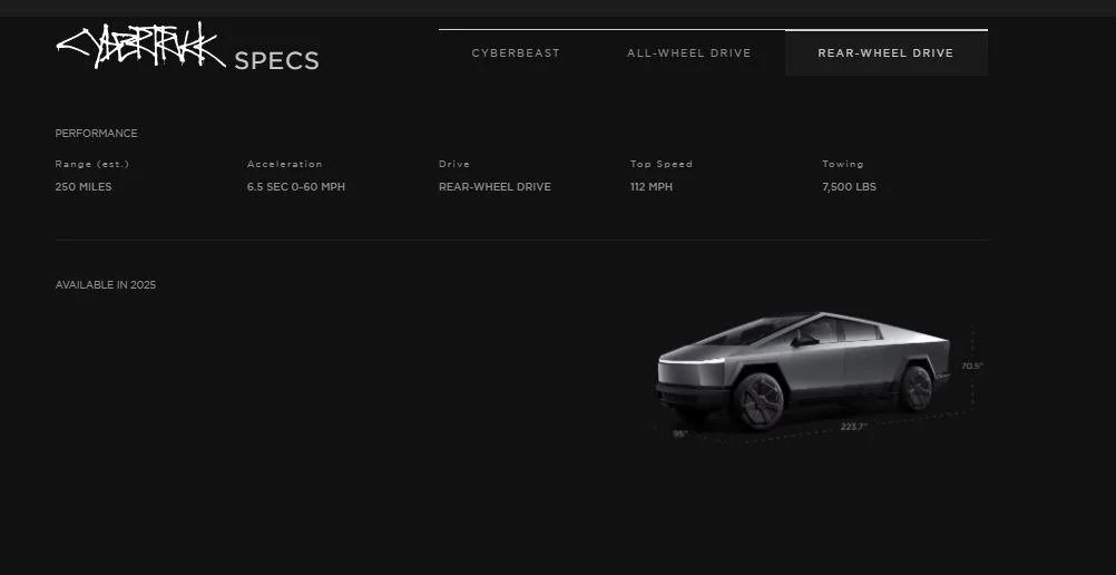 Tesla Cybertruck Tesla Cyber Truck web Site prices, options, models wow RWD specs