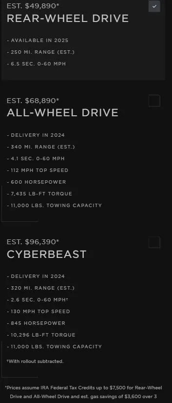 Tesla Cybertruck Tesla Cyber Truck web Site prices, options, models wow prices