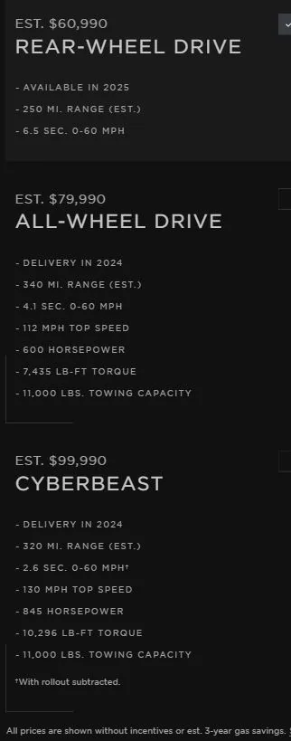 Tesla Cybertruck Tesla Cyber Truck web Site prices, options, models wow actual prices