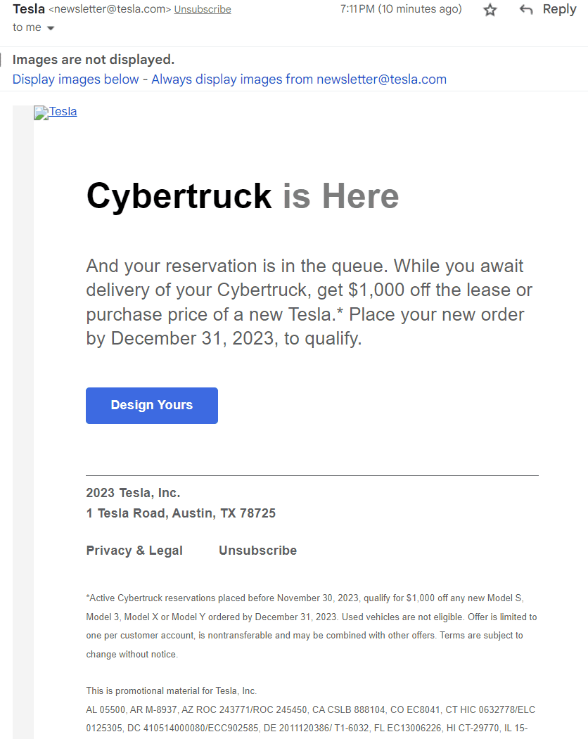 Tesla Cybertruck Email received: Cybertruck reservation holders asked to buy something else "while you wait"? 1701394251969