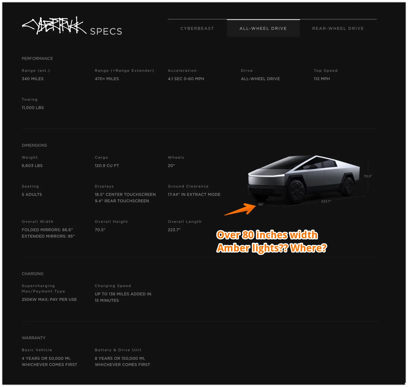 Tesla Cybertruck Specs out now, width 95 inches. Where are the amber lights? CYBERTRUCK | Tesla 2023-11-30 19-08-20