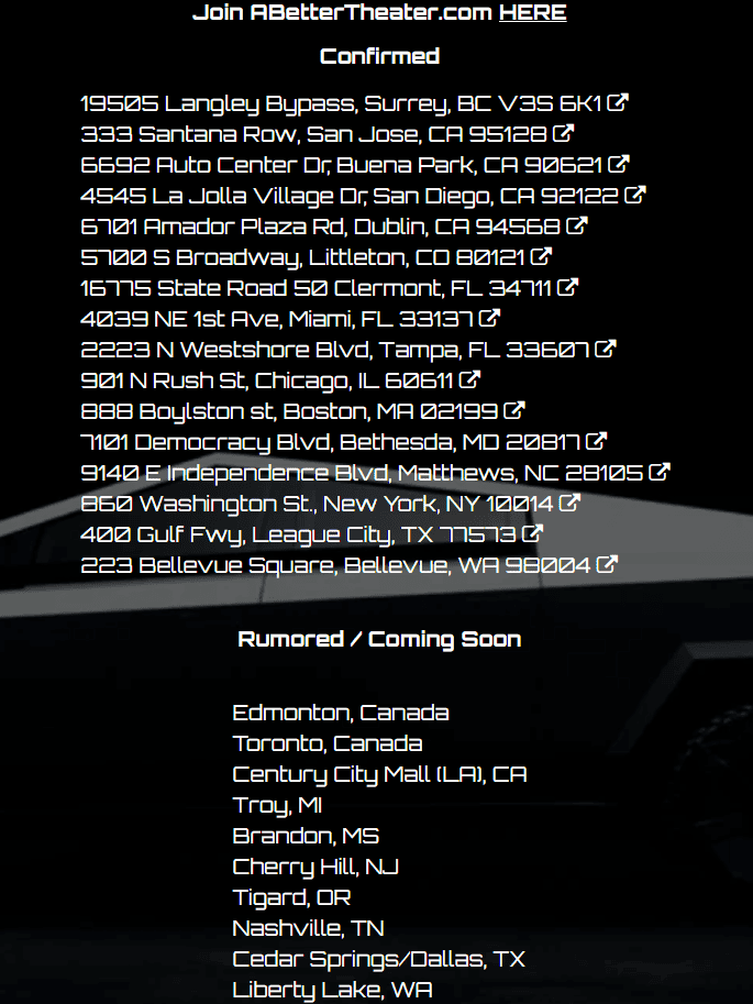 Tesla Cybertruck Cybertruck showroom locations tracker (abettertheater.com) 1701814184213