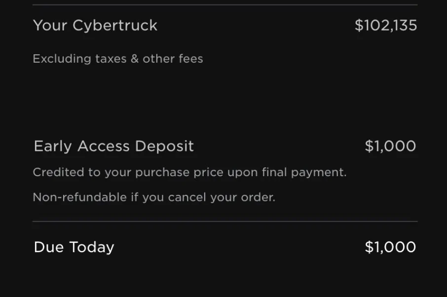Tesla Cybertruck Reservation holders must now pay nonrefundable $1,000 "Early Access Deposit" to convert reservation into an Order (new as of 12/12/23) GBMuse5WIAE11uu