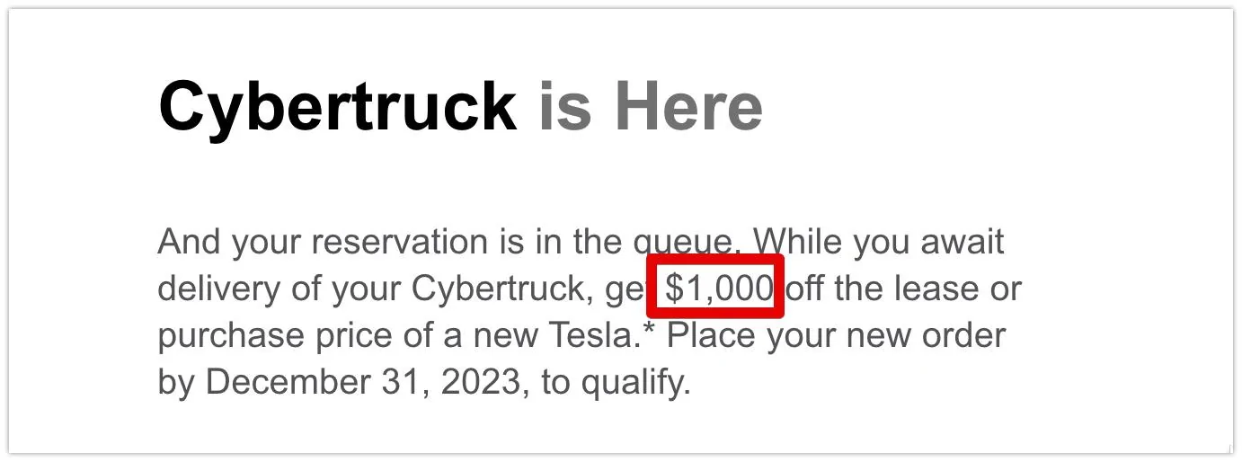 Tesla Cybertruck Reservation holders must now pay nonrefundable $1,000 "Early Access Deposit" to convert reservation into an Order (new as of 12/12/23) 1000
