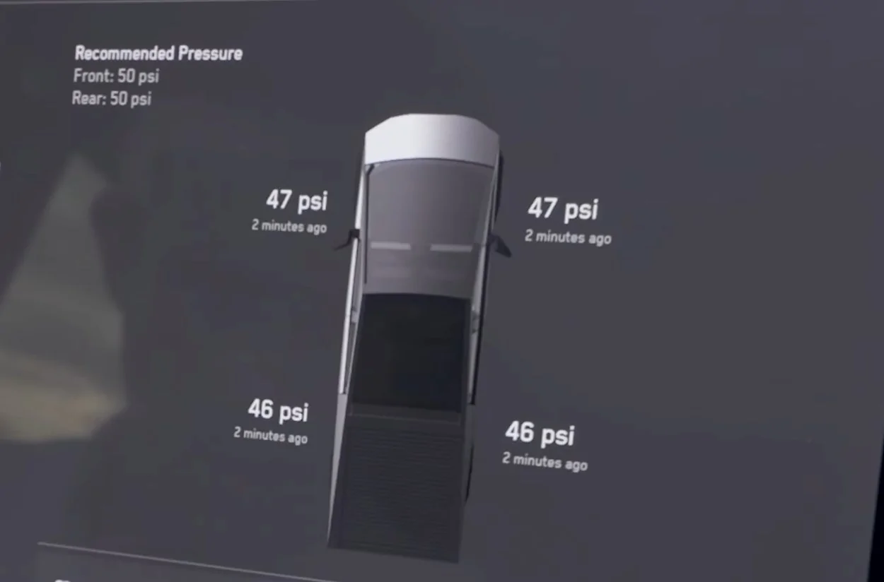 Tesla Cybertruck All-Terrain AT tires recommended pressure = 50 PSI cybertruck at all terrain tires 50psi recommended pressur