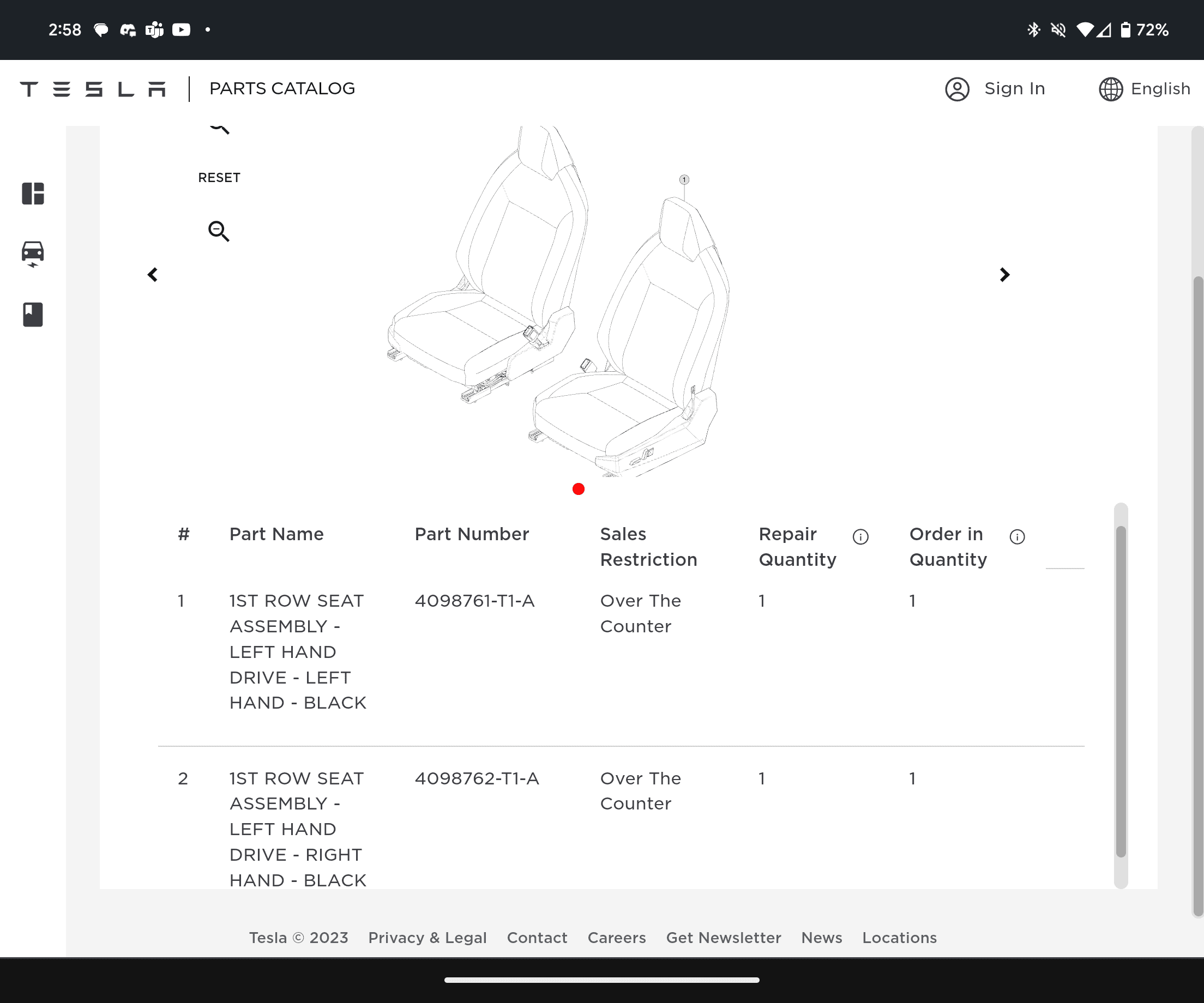 Tesla Cybertruck Cybertruck EPC parts catalog page is up! -- Part numbers # and schematics / diagrams of parts & components Screenshot_20231213-145840