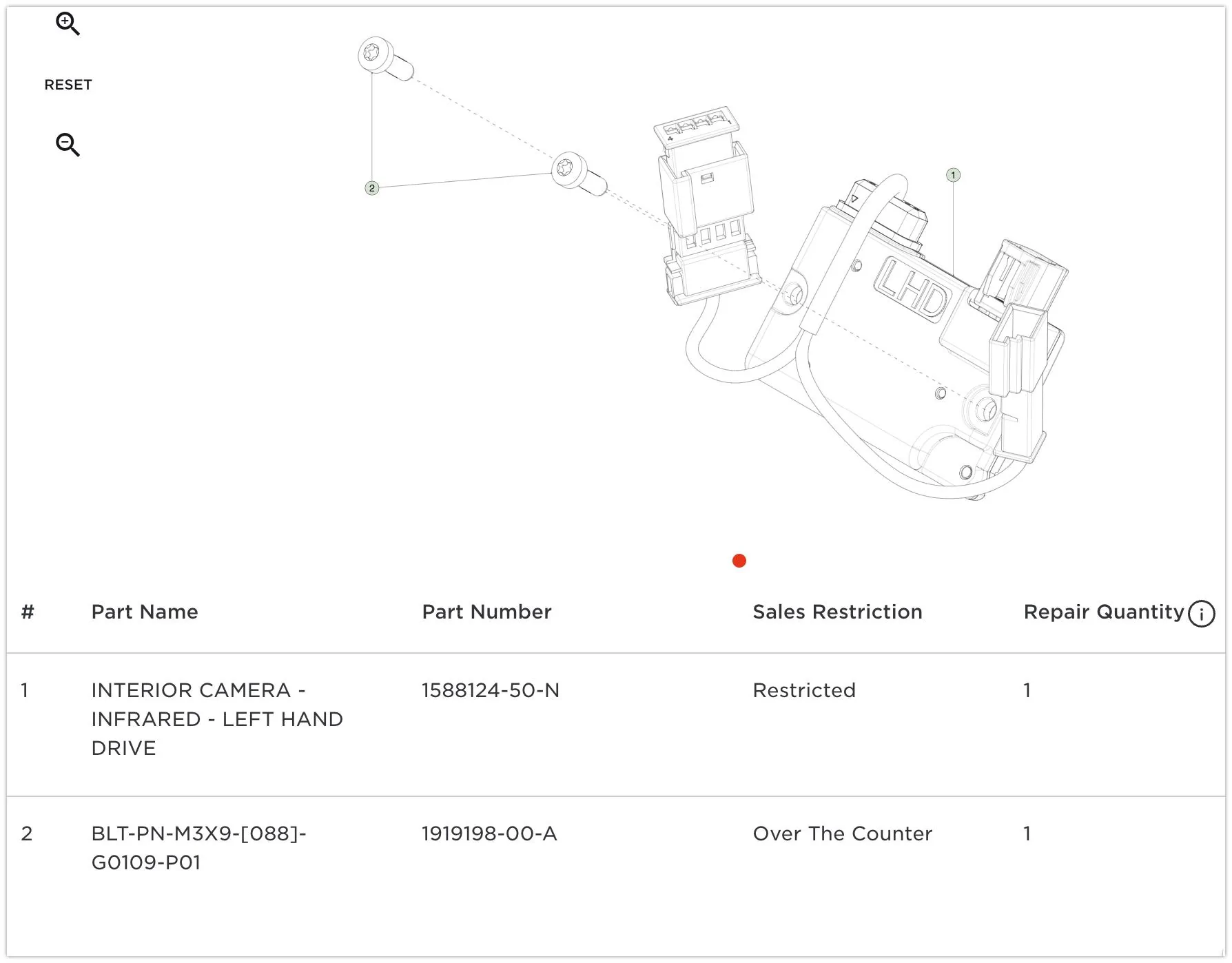 Tesla Cybertruck Cybertruck key components from parts catalog : Trailer Hitch Assembly, Frunk Safety Lock Switch, Rearview Mirror Infrared interior camera