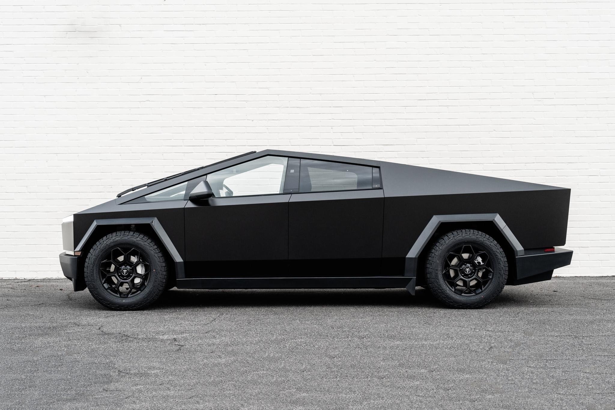 Tesla Cybertruck First Cybertruck on Aftermarket Wheels (T Sportline) + Falken Wildpeak AT Tires! Modified Foundation Series Cybertruck Black aftermarket wheels on matte black Cybertruck foundation series 3