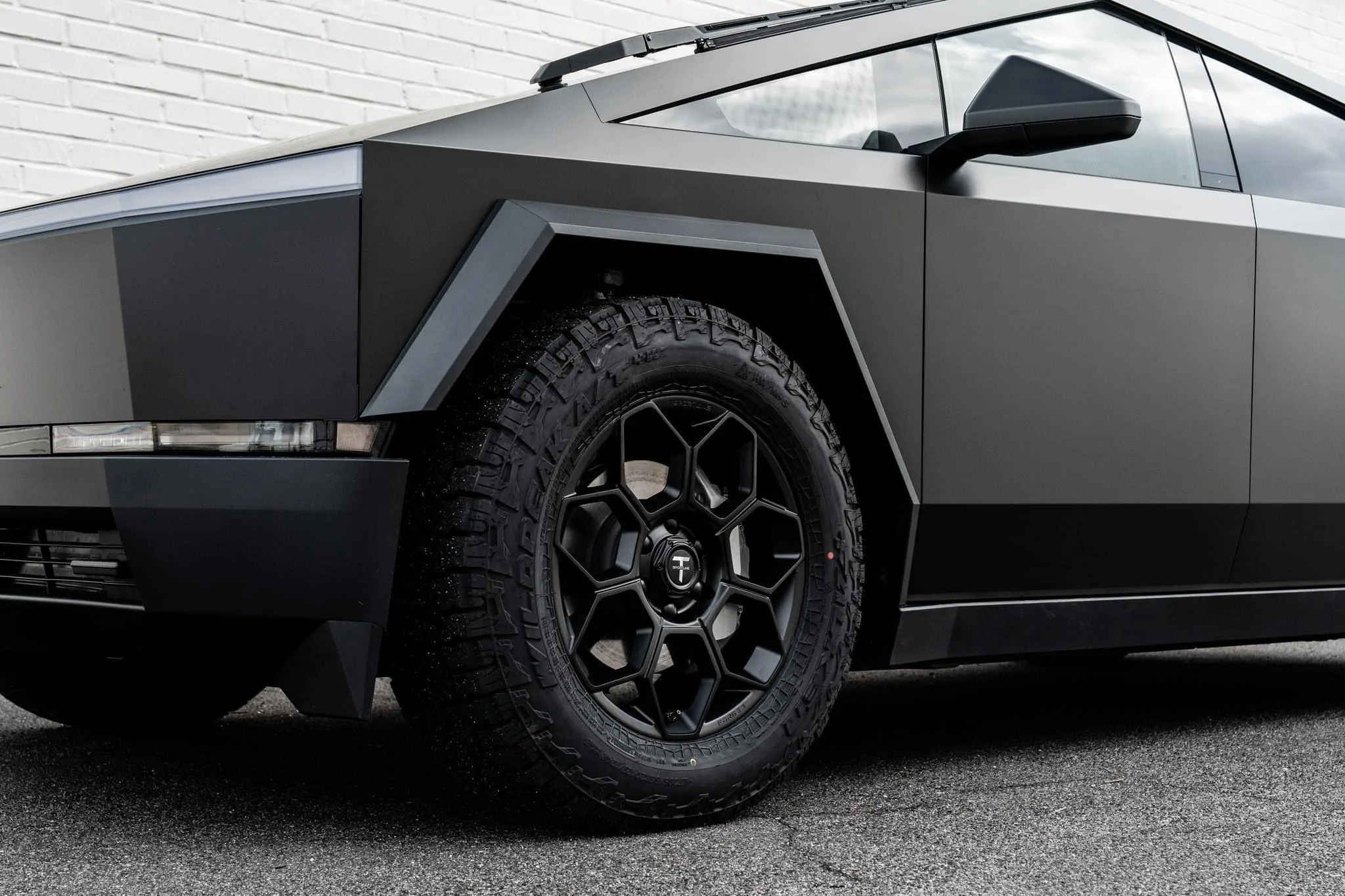 Tesla Cybertruck First Cybertruck on Aftermarket Wheels (T Sportline) + Falken Wildpeak AT Tires! Modified Foundation Series Cybertruck Black aftermarket wheels on matte black Cybertruck foundation series 4