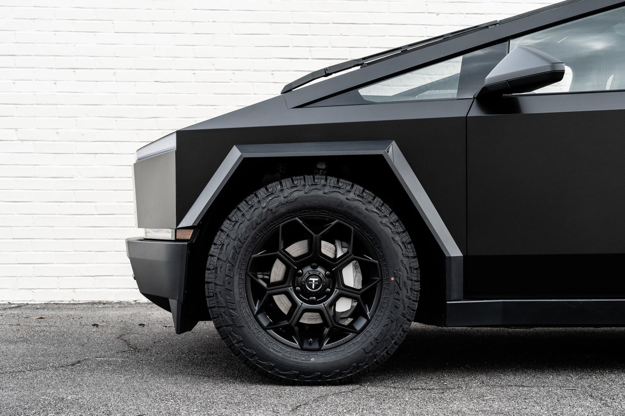 Tesla Cybertruck First Cybertruck on Aftermarket Wheels (T Sportline) + Falken Wildpeak AT Tires! Modified Foundation Series Cybertruck Black aftermarket wheels on matte black Cybertruck foundation series 2