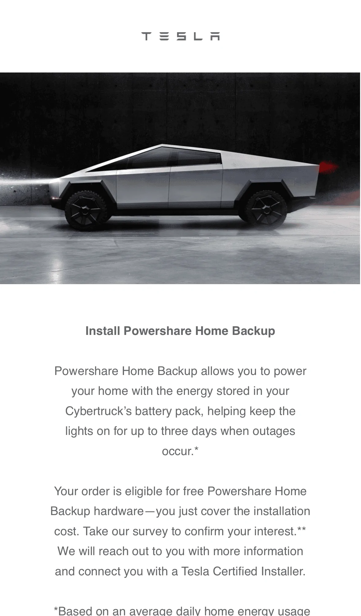 Tesla Cybertruck PowerShare Home Backup Email Survey from Tesla (Received 12/22/23) 1703293461958