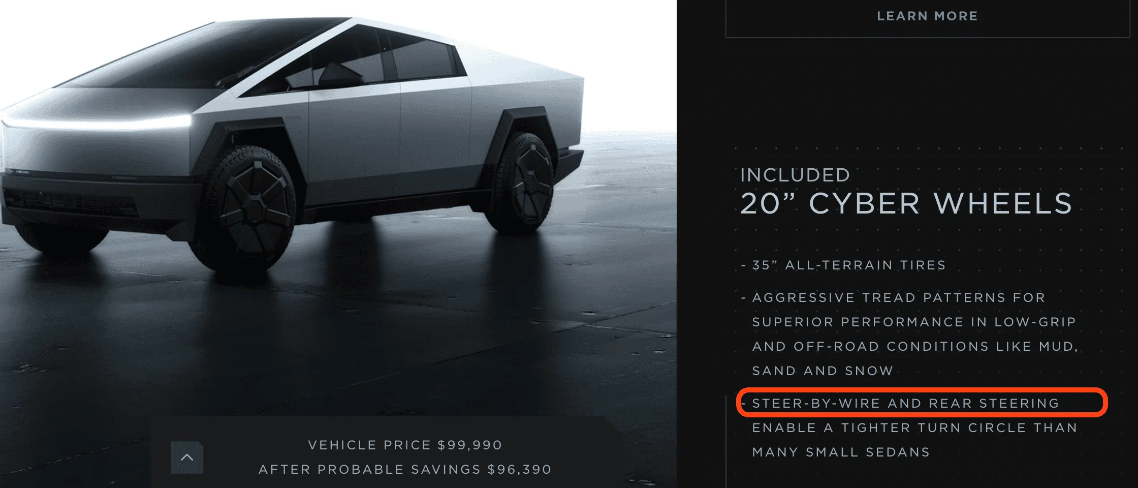 Tesla Cybertruck AWD four-wheel steering on all trims / models? Screenshot 2023-12-23 at 15.03.28