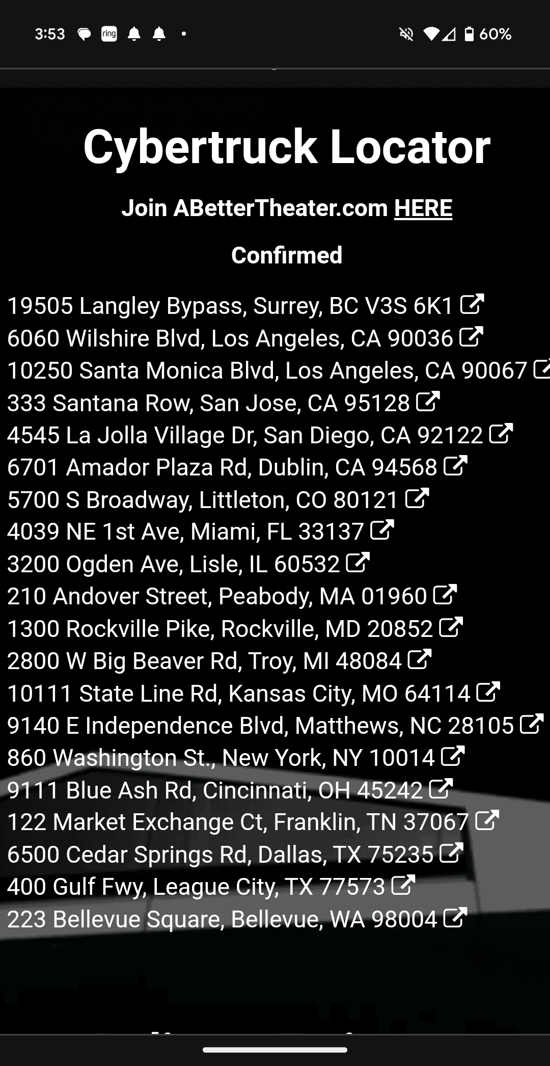 Tesla Cybertruck Cybertruck showroom locations tracker (abettertheater.com) Screenshot_20231223-155345