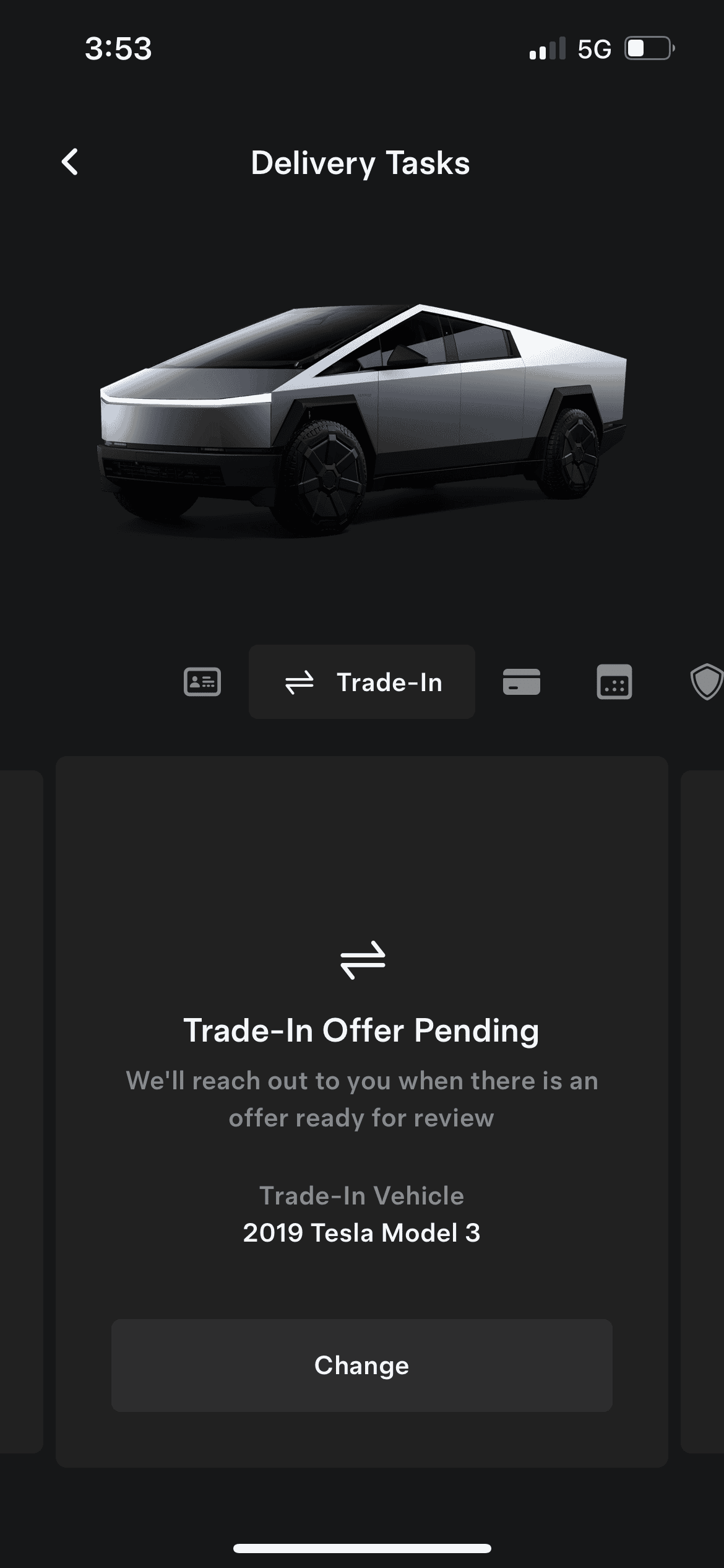 Tesla Cybertruck Trade-in offer pending IMG_2156