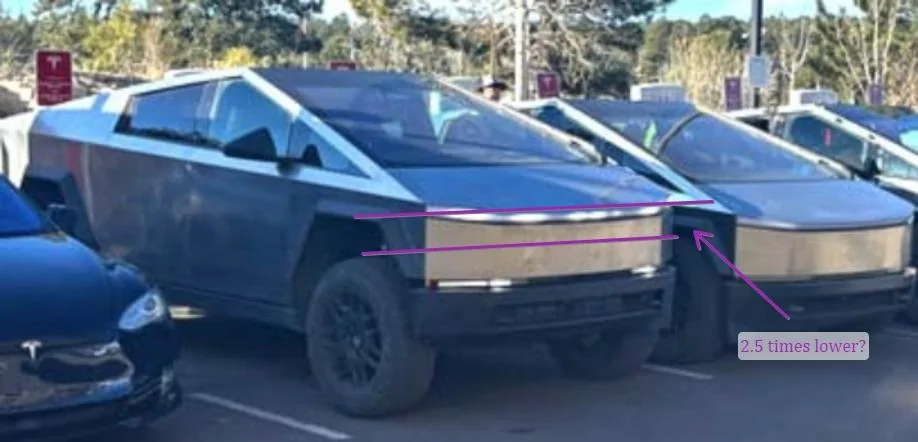 Tesla Cybertruck HIGH Suspension vs. LOW Suspension (Entry) Mode - side by side comparison photo k1atFIY