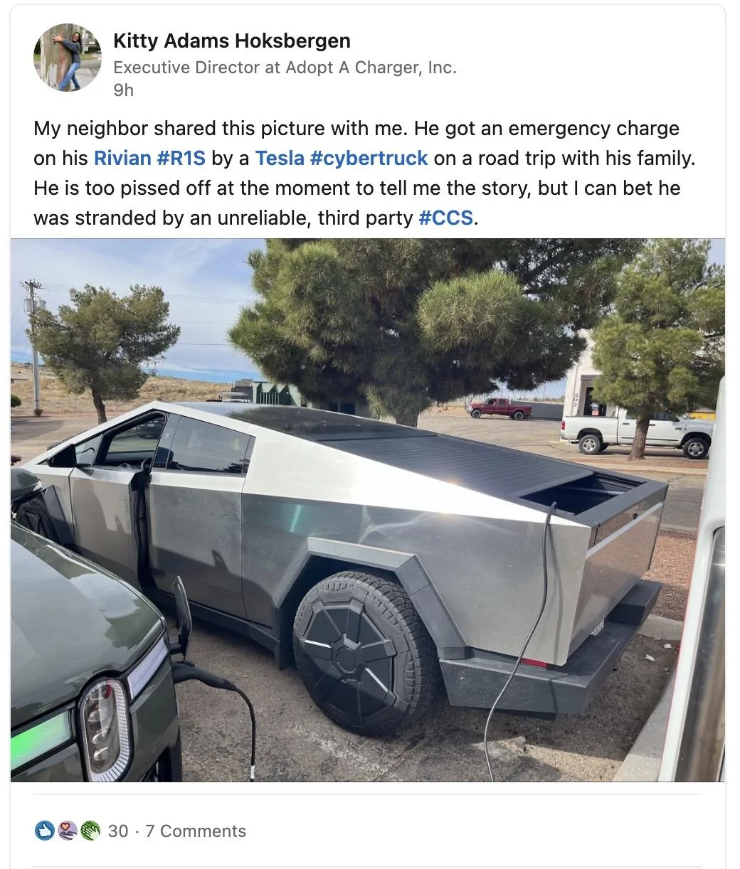 Tesla Cybertruck Cybertruck emergency charges a Rivian R1S stranded on road trip Screenshot 2023-12-28 at 4.41.59 AM