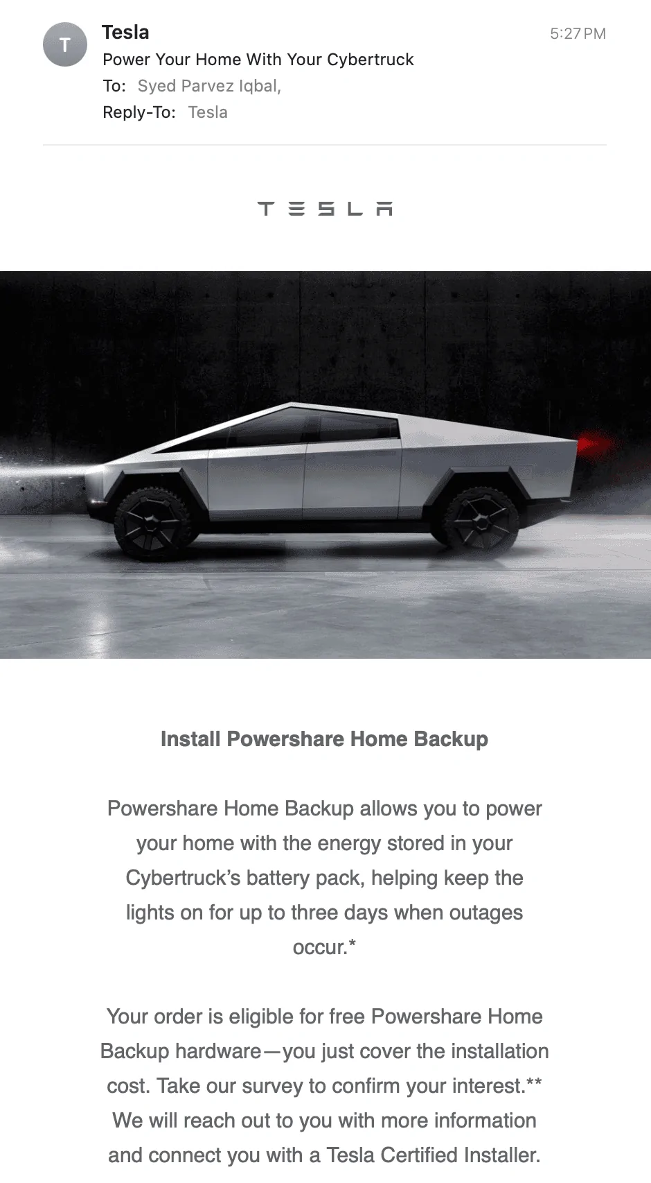 Tesla Cybertruck Got email for Powershare installation Screenshot 2023-12-28 at 7.13.47 PM